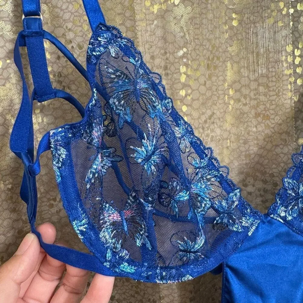 Victorias Secret Royal Blue Lace Butterfly Low Cut Demi Satin Slip Medium NWT